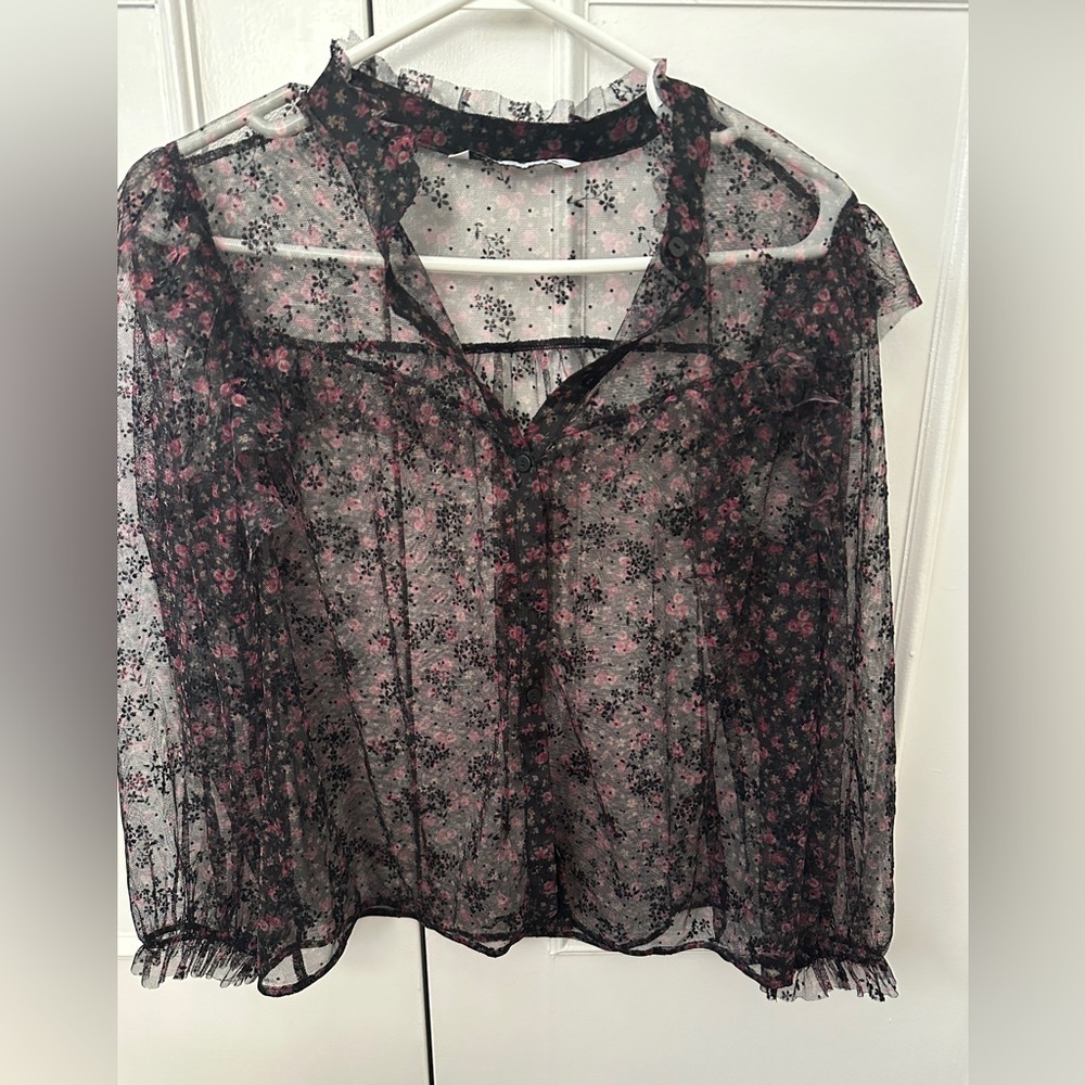 Zara Floral Sheer Black Button Down Blouse with Ruffles Size Medium Women’s